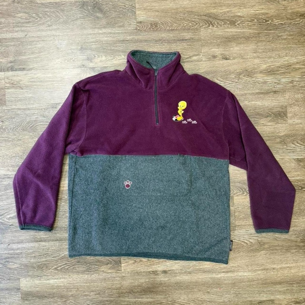 Vintage‎ Y2K Looney Tunes Tweety Bird Gray & Purple Pullover Fleece Sweater L